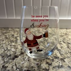 Hand Painted Santa  Christmas Stemless Wine Glass NWOT. 5” x 3”