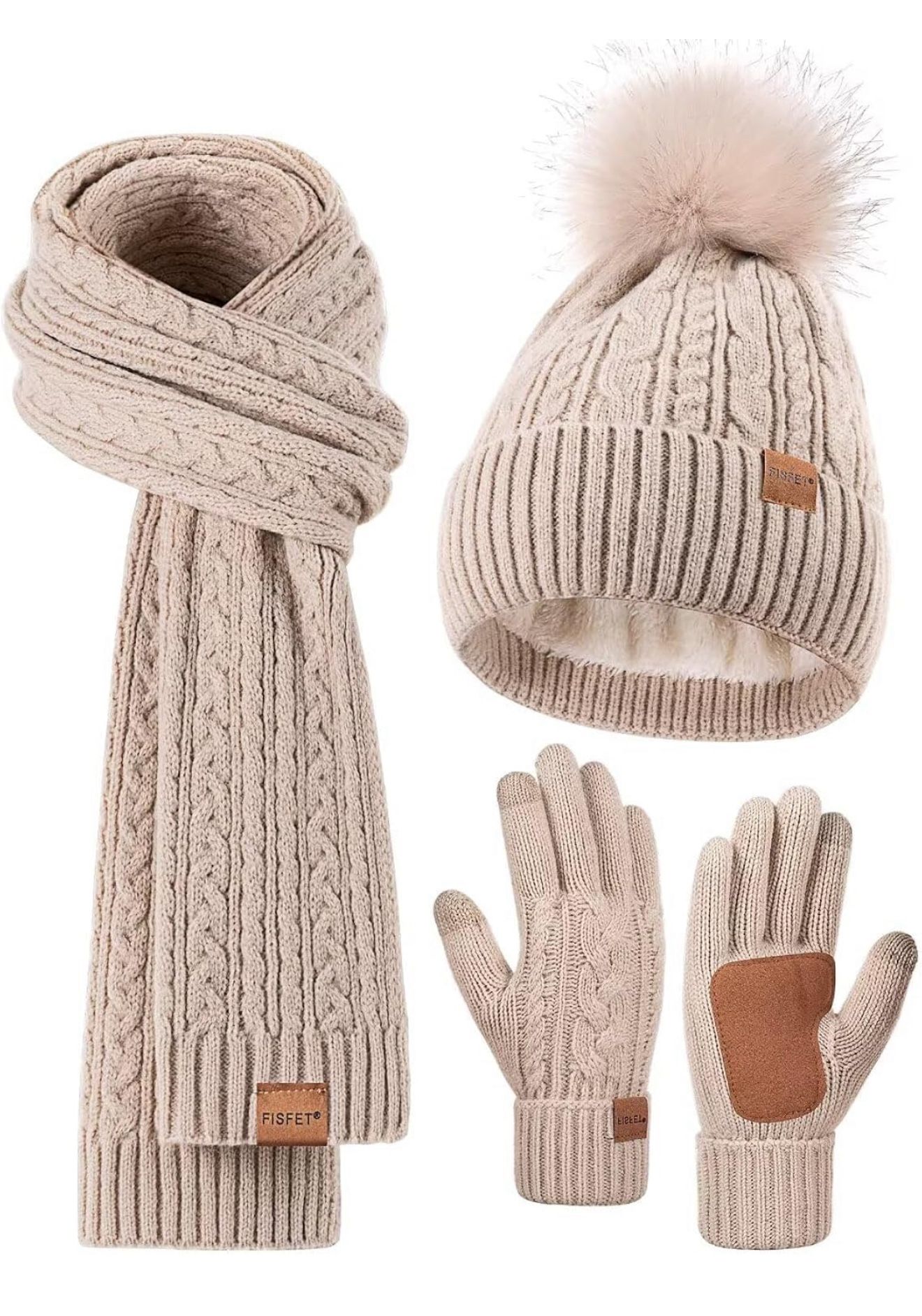 Winter Beanie Hat Scarf Gloves Set for Women, Pom Pom Beanie Fleece Lined Knit Neck Warmer Touchscreen Gloves 3 in 1 Gift Set