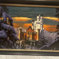 Captivating Neuschwanstein Castle - Original Oil Painting, Winter Sunset - Framed (Signed “Wanner”)