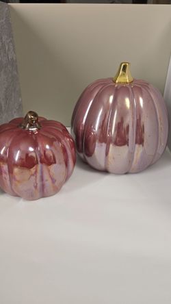 Set of 2 Pink Iridescent Pumpkin Decorations Fall Home Decor