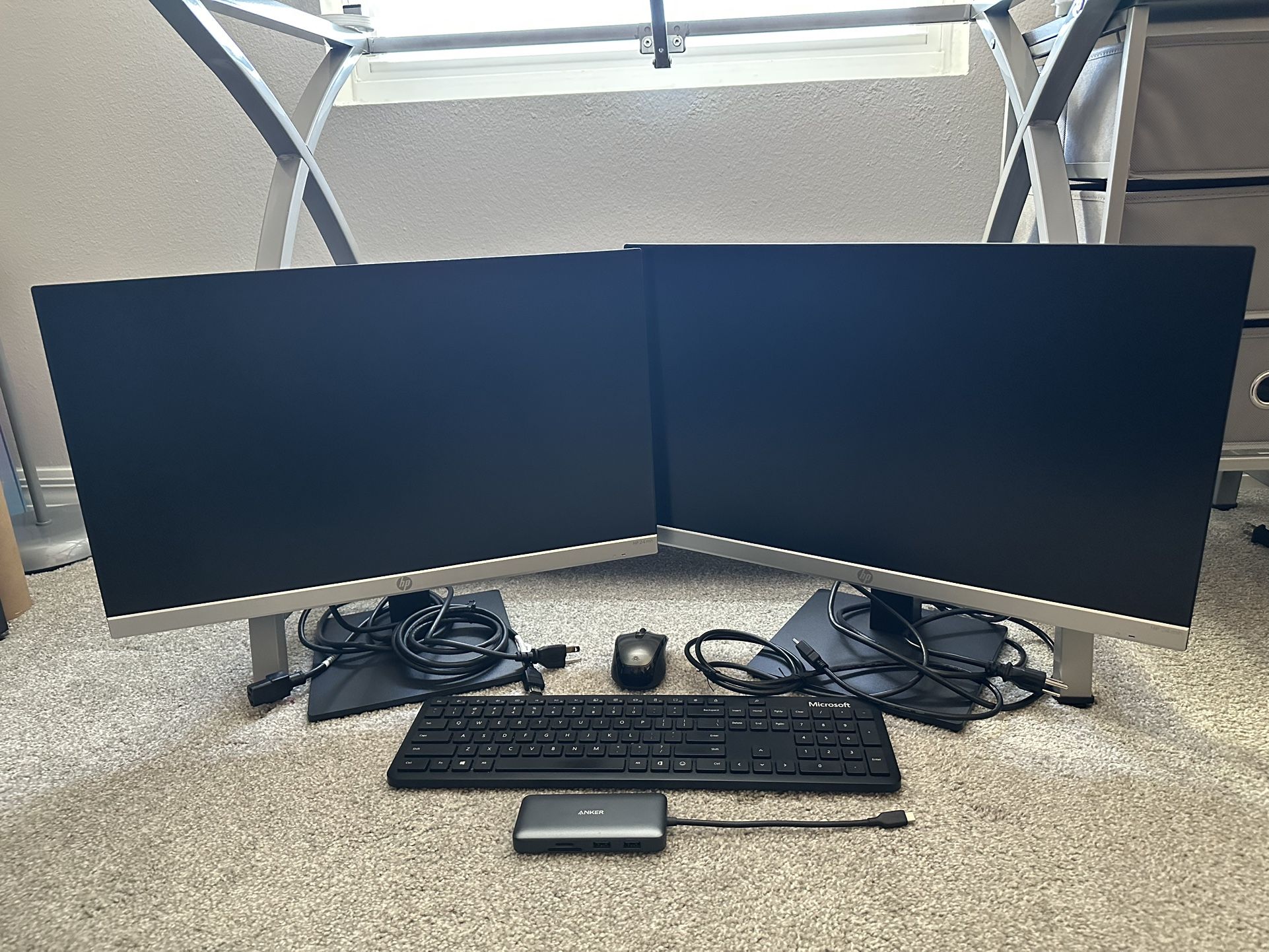 Home Office Tech Accessory Bundle - HP Monitors (2), Anker Hub, Microsoft Keyboard & Mouse