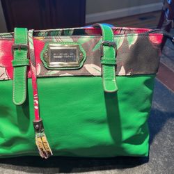 Ellen Tracy Purse Handbag, Green with Floral Band, Large Zipped Center Storage, Pockets For Phone/glasses, Zipped Pocket Inside & Outside, 