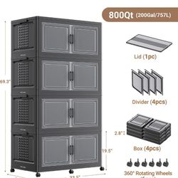 Plastic Storage Bins with Lid & Wheels 4pack