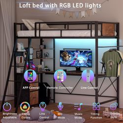Loft Bed Twin Size with L-Shaped Desk, LED Lights Charging Station, Storage Shelves, Pegboards Black