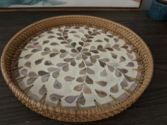 Round Rattan Tray with Mother of Pearl Inlay, Rattan Serving Tray with Wooden Base