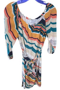 Trina Turk Belted Trellis Chevron Pattern Off Shoulder Silk Dress Size 2