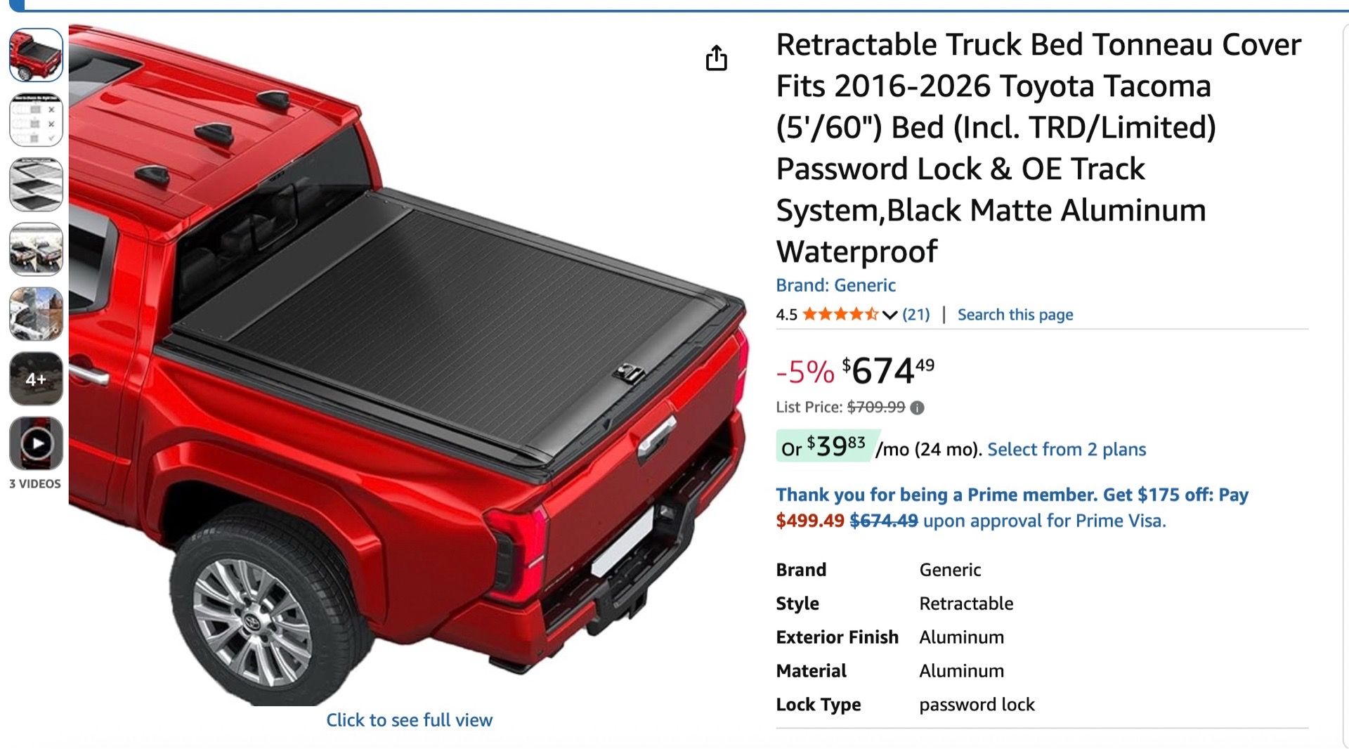 Retractable Truck Bed cover for Toyota Tacoma 5ft bed. Password lock, waterproof.