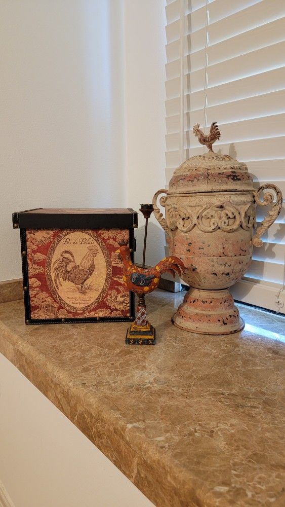 Rustic French Farmhouse Rooster Trio – Candle Holder, Urn & Box