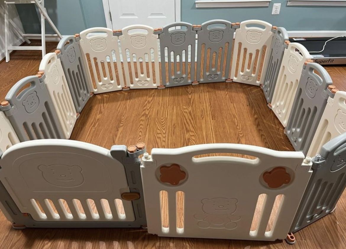 Baby Foldable Safety Portable Playpen Grey & Creamfe Fence