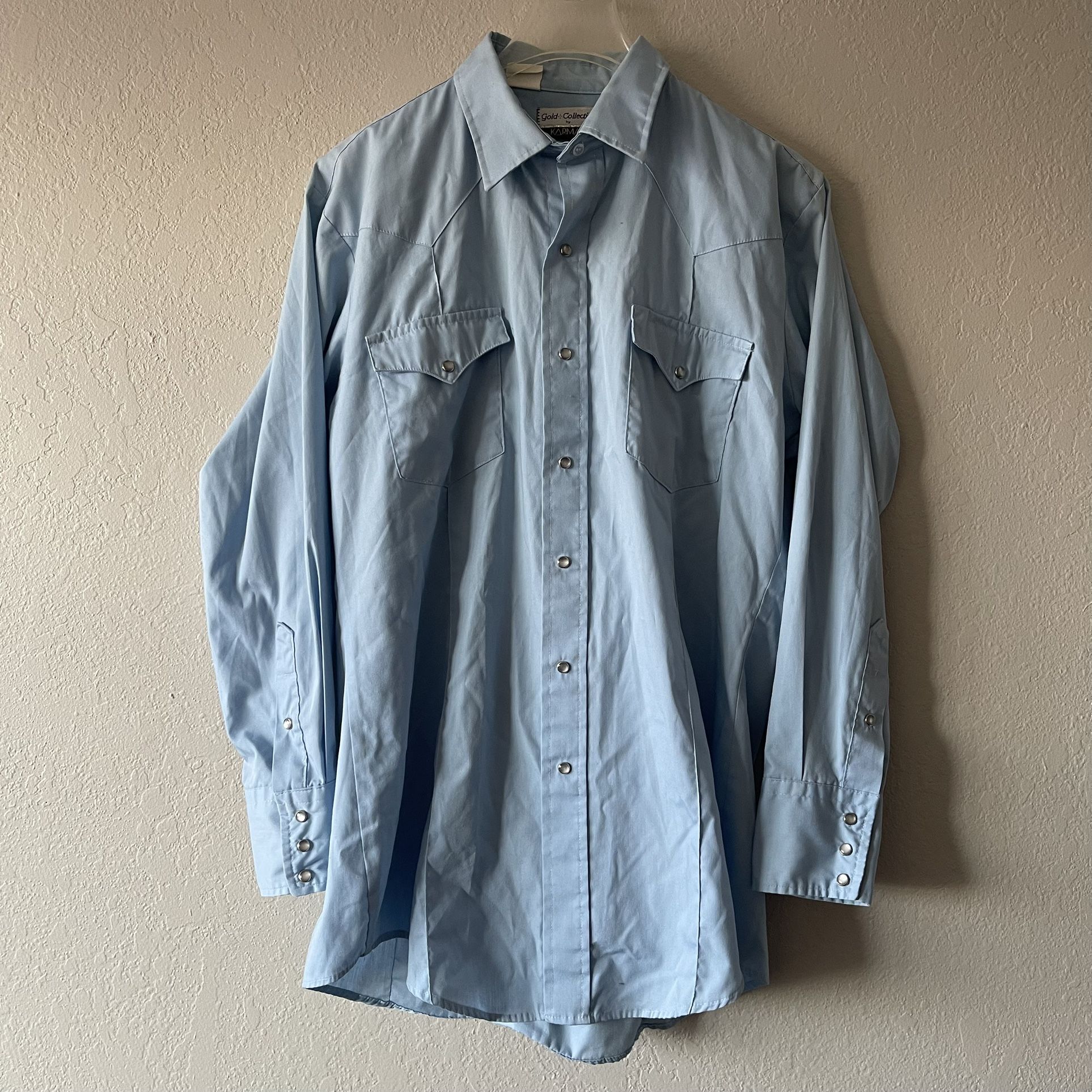 Gold Collection By Karman, Vintage Mens Blue Pearl Snap Western Shirt, Size L