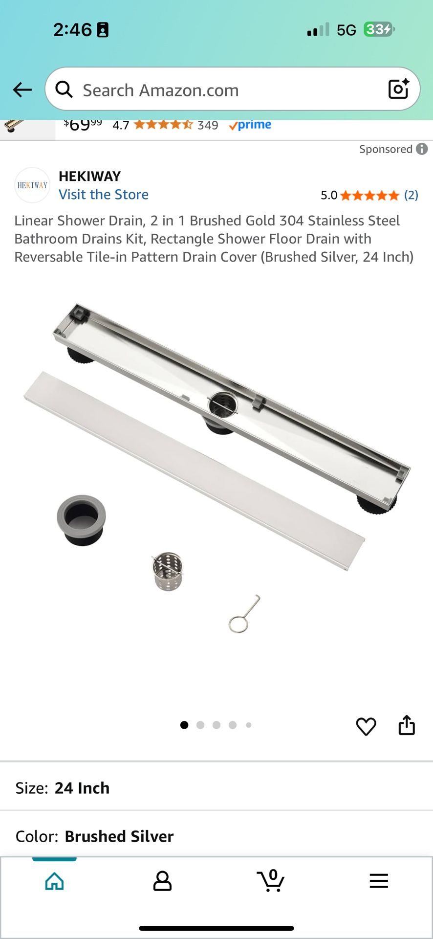 Linear Shower Drain, 2 in 1 Brushed Gold 304 Stainless Steel Bathroom Drains Kit, Rectangle Shower Floor Drain with Reversable Tile-in Pattern Drain C