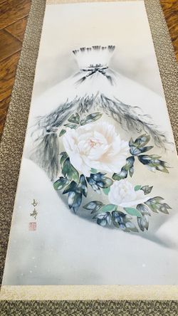 VTG HANGING SCROLL JAPANESE SILK PAINTING SNOW PEONY