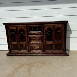 Vintage Mid-Century Bassett Brand Rustic Spanish Mediterranean Style All Wood Dresser, Credenza, Buffet, or Cabinet with Quality Dovetail Drawer Const