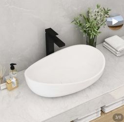 22.4" Oval Ceramic Vessel Sink – Matte White Bathroom Basin with Pop-Up Drain