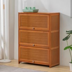 Bamboo Slide Up Door Multi-Functional Storage Cabinet Bookcase - 3 Tier - Brown