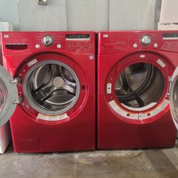 LG Front Load Washer And Stackable Gas Dryer Set In Red 