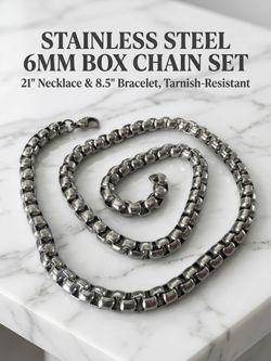 NEW Stainless Steel 6mm Rounded Box Chain Set | 21 Inch Necklace & 8.5 Inch Bracelet
