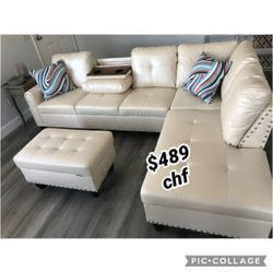 White Faux Leather Synthetic Leather Sectional Couch 