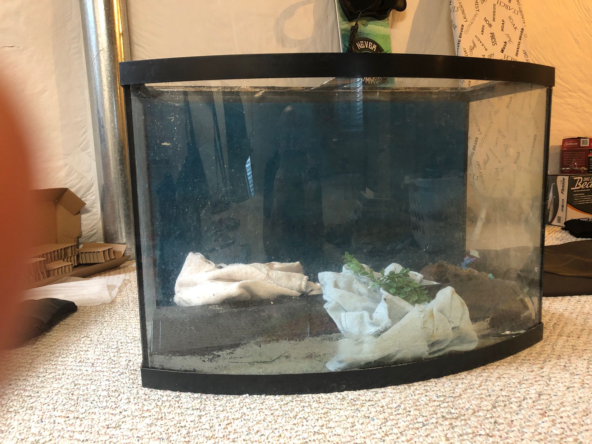 36 gallon bow fish tank w/stand, canister filters, lights, decor, and more