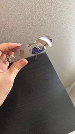 rimless rectangle sunglasses with brown gradient lenses and rhinestone accents, $17