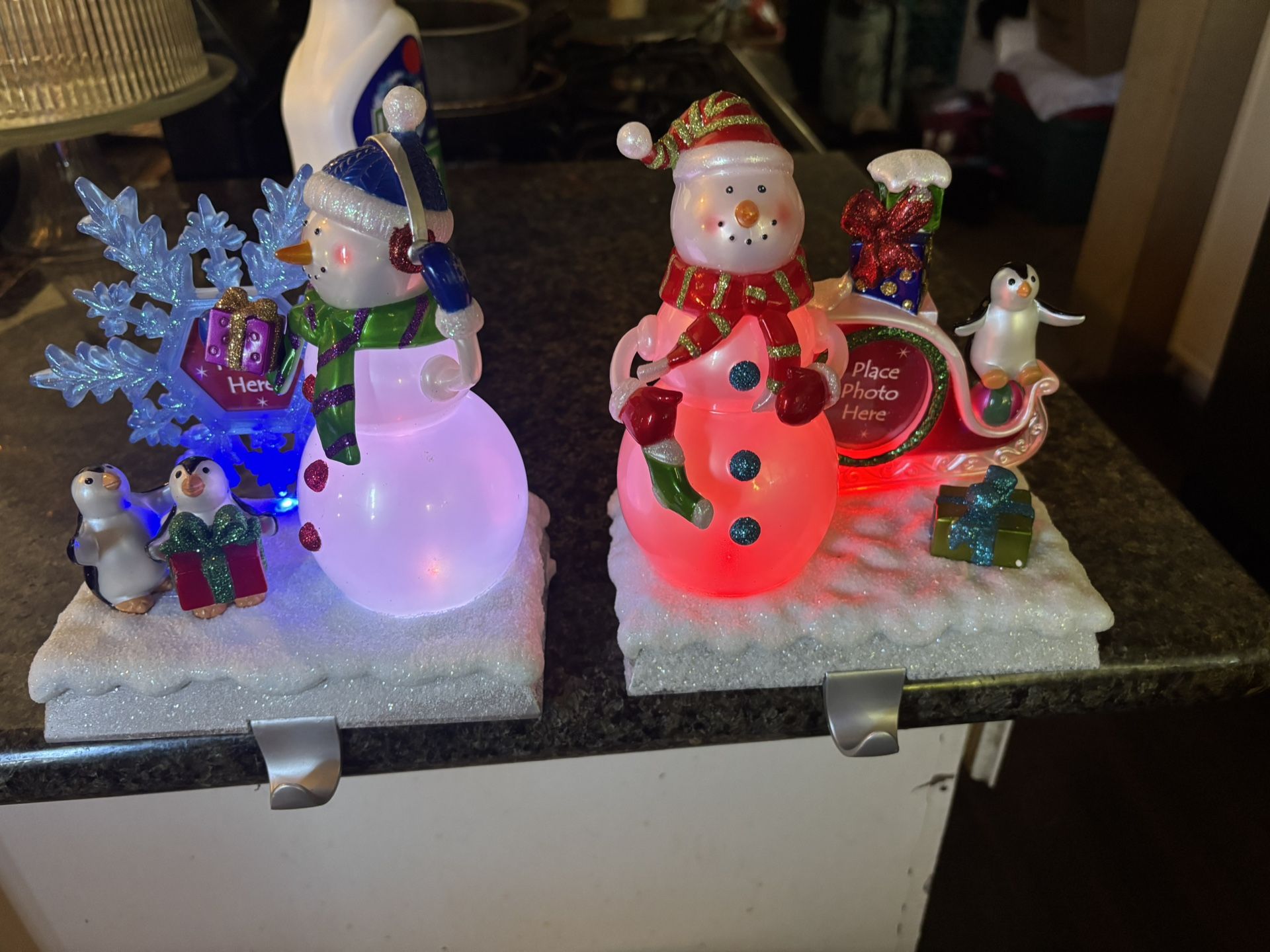 Christmas Lighted Snowman, Stocking Holders, And Picture