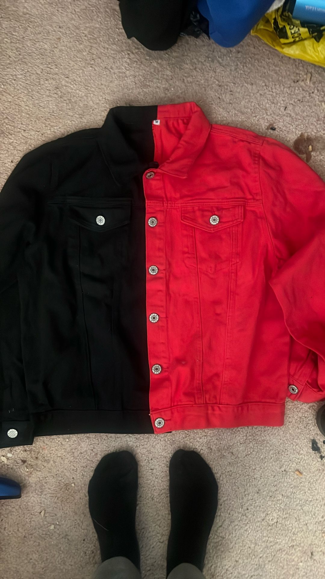 red and black denim jacket