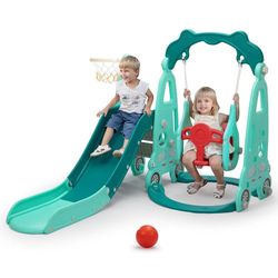 4 in 1 Slide Climber Swing Set, Freestanding Toddler Slide Climber Playset with Basketball Hoop, Toddler Playground Indoor Outdoor, Easy Setup