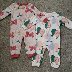 Lot of 2 Carter's Fleece Footless Pajamas Baby Girls 18M 1-Pc Butterflies Pears