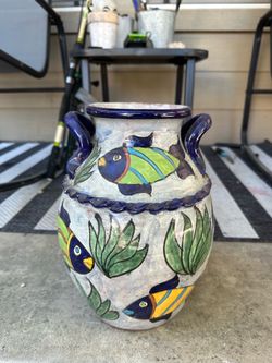 Hand-Painted Talavera Ceramic Vase with Fish