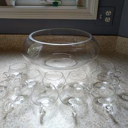 Large Glass Punch Bowl and Twelve Glasses