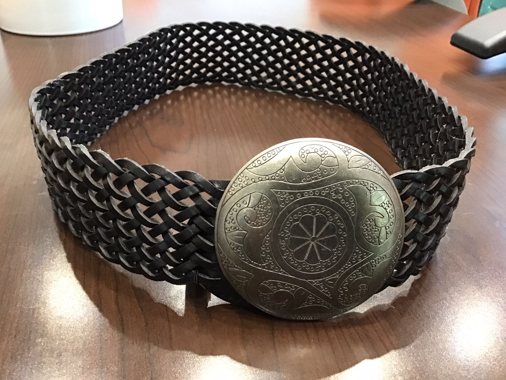 New Nordstrom Designer Cara N.Y. Brand black leather belt 2 1/2” wide, adjustable length, was $130