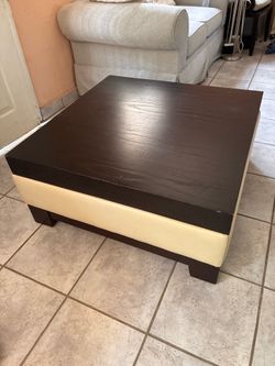 Wood coffee table white leather sides with storage