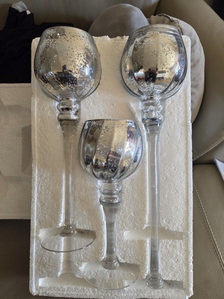 Long Stem Glass Candle Holder - Set of 3 Tall Tea 1 (3 Pcs), Silver