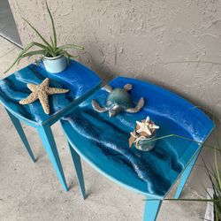 Two Small Side Tables /plant Stands Ocean Resin 