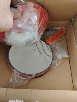 New 7 Piece Orange Enameled Cast Iron Set