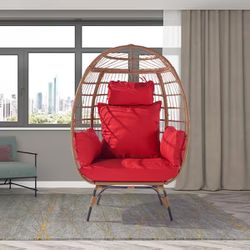 Oversized Natural Wicker Rattan Egg Lounge Chair w/ Red Cushions (Indoor / Outdoor) [NEW IN BOX] **Retails for $460