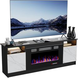 Black Fireplace TV Stand for Up to 80" TVs with 36" Electric Fireplace, LED Lights, Charging Station, Removable Shelf, 9mm Birch Plywood Top, 1500W He