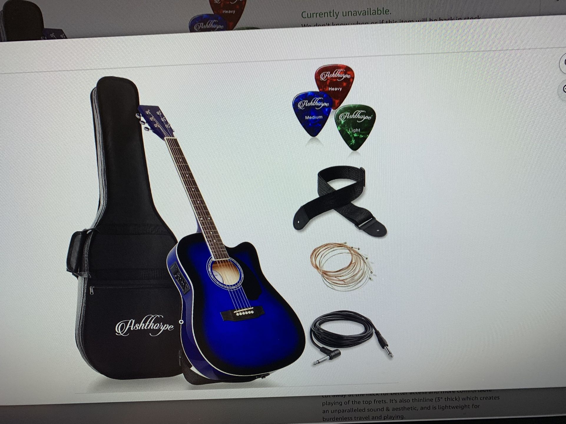 ASHTHORPE Full Size Cutaway, Thin Line Acoustic Electric Guitar Package