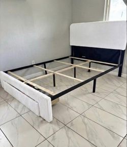 Queen size bed frame white upholstered headboard footboard