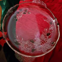 Glass Serving Plate 16 Inches Round Red Green Floral Holuday Design 
