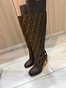 Fendi 105mm Brown Leather FF Logo Motif Knee High Heel Boots size 39.5