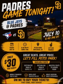 Padres vs Blue Jays TONIGHT – Tickets $20 Each