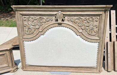 Klaussner Cardoso Collection Carved Ornate Wood / Upholstered Queen Headboard & Footboard ONLY