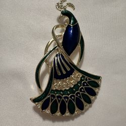 Vintage Enamel & Rhinestone Peacock Brooch Gold Tone Statement Costume Jewellery
