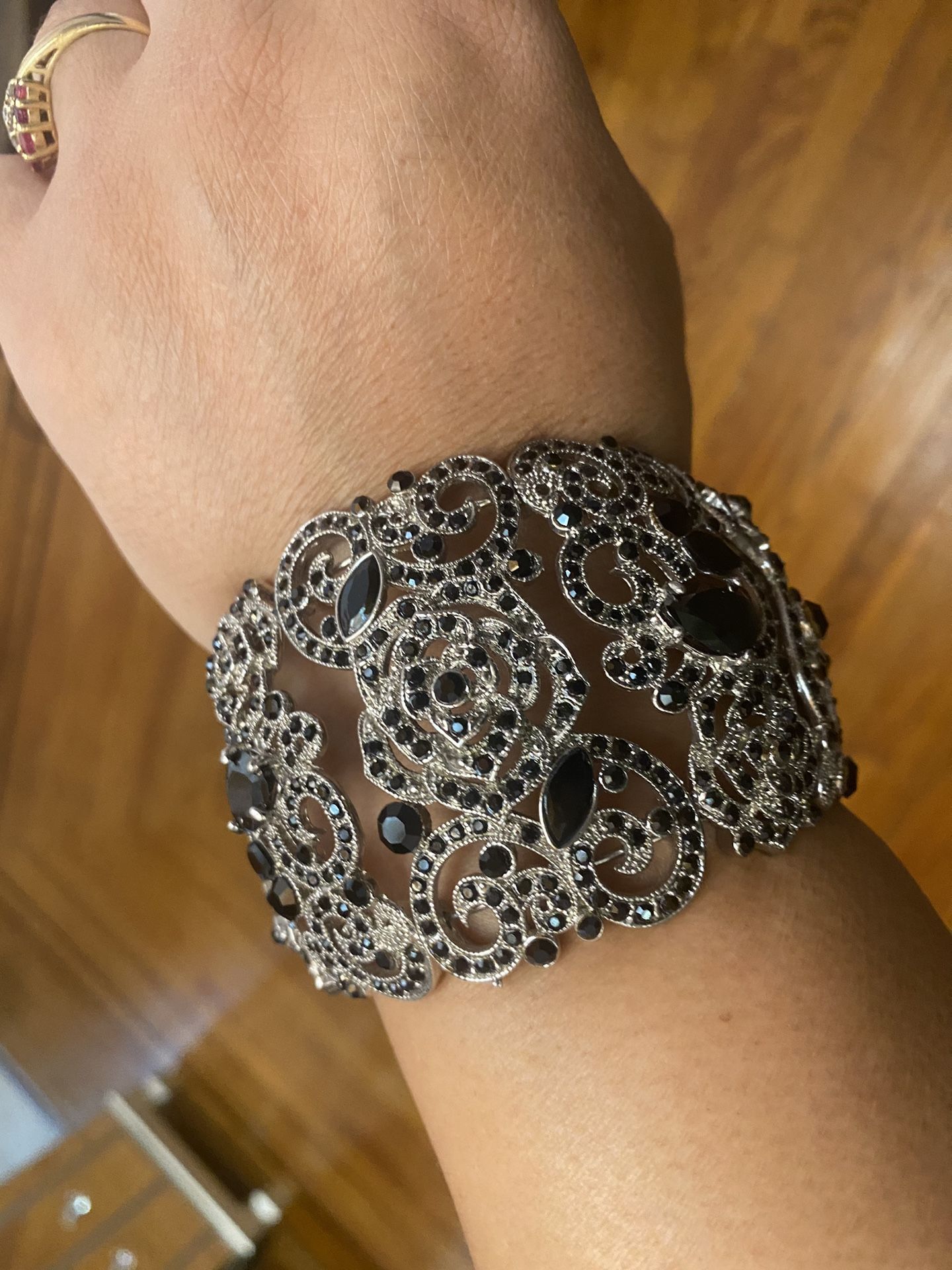 Silver Filigree Black Rhinestone Cuff Bracelet