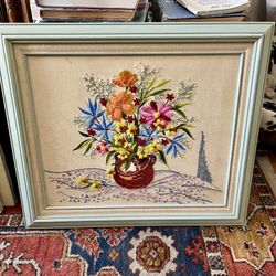 Vintage Framed flower crewel embroidery art