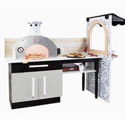 Little Tikes Real Wood Pizza Restaurant Wooden Play Kitchen Cook and Serve with Realistic Lights Sounds and Dual-Sided, 20+ Accessories Set, Gift for 