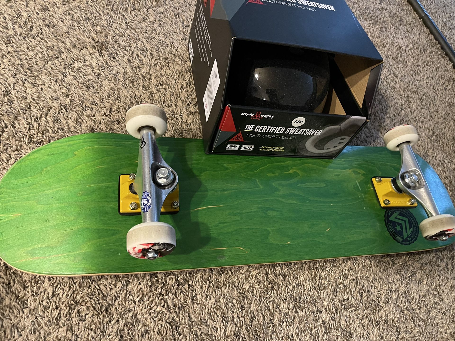Skateboard (custom-built) + Triple Eight Helmet + Knee/Elbow Pads (Adult)