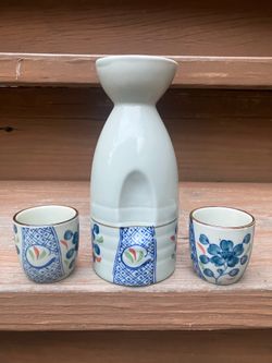 3 Piece Japanese Porcelain Cherry Blossom Saki Set