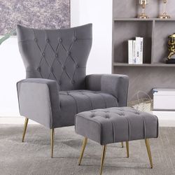 Modern Accent Chair  And Ottoman Upholstered Velvet Fabric -  Color Grey